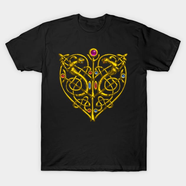 HYPER VALENTINE / GOLD CELTIC HEART WITH LIZARDS IN BLACK T-Shirt by BulganLumini